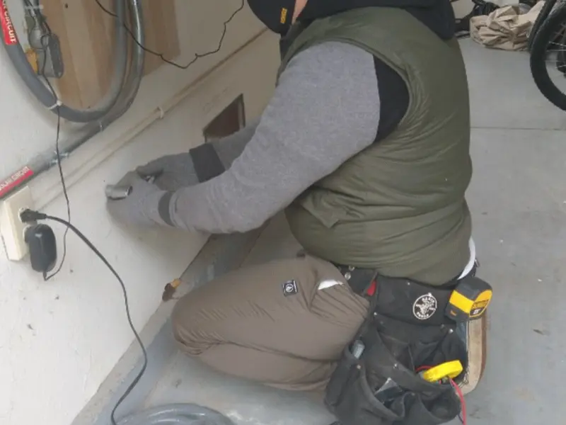 Electrician performing outlet wiring in a Bridgeport garage